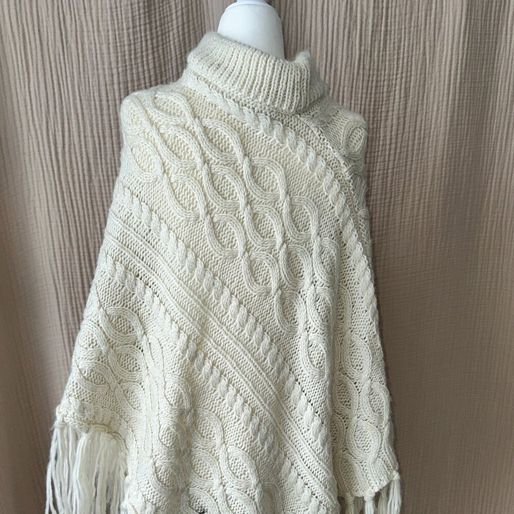 White Cowl Neck Cable Knit Poncho.